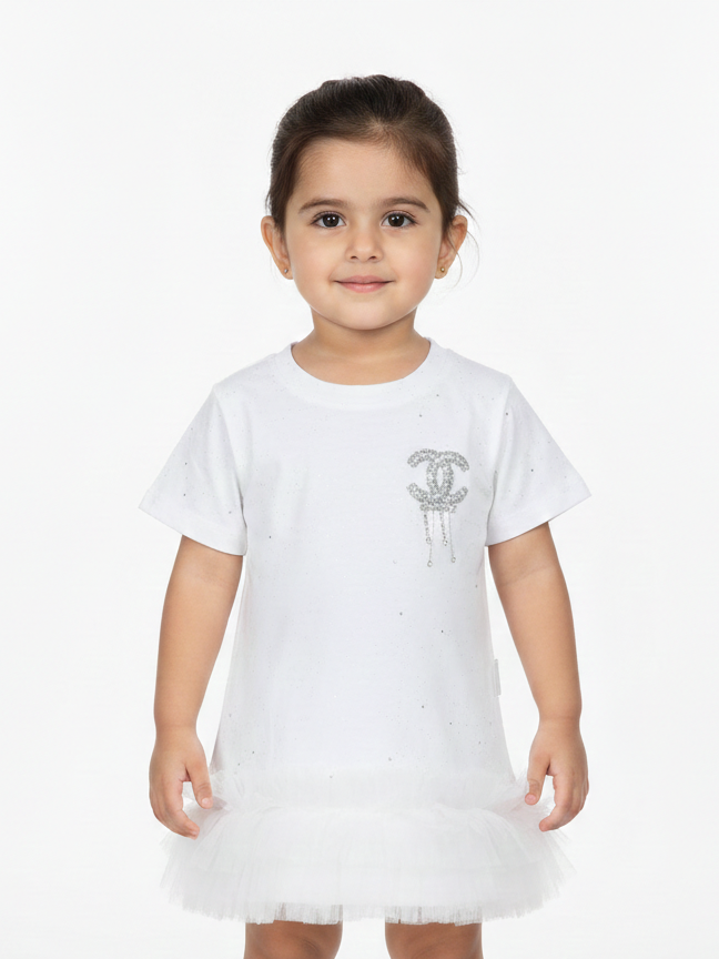 Girls Sparkly T-Shirt Tutu Dress Featuring Crystal Embellished Logo and Ruffled Hem in Three Colors