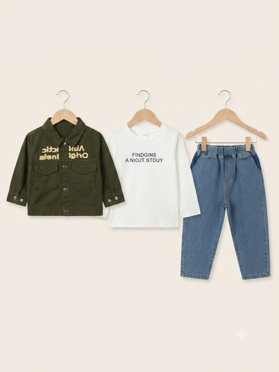 Kids Stylish Letter Print Jacket White T Shirt And Denim Jeans 3 Piece Outfit