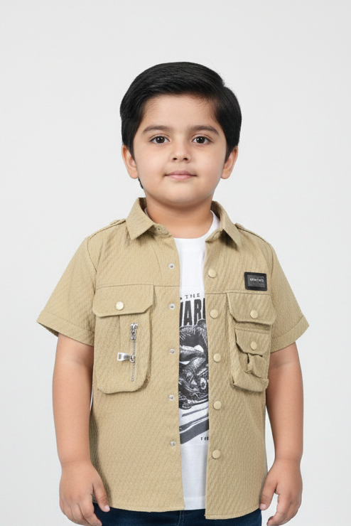 Boys Stylish Two Piece Utility Set Featuring Sleeve Button Down Shirt And T-Shirt