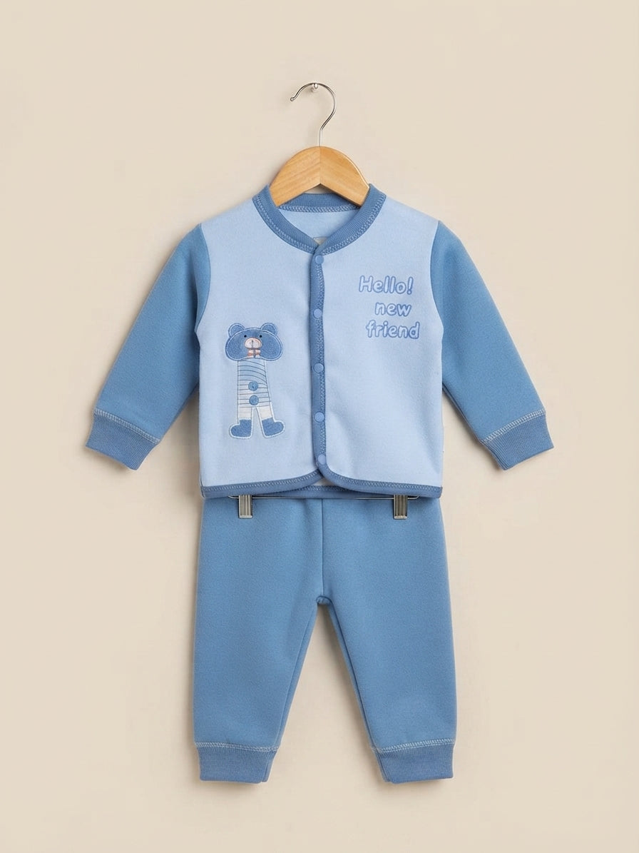 Cute Kids Cotton Bear Print Button Up Top And Matching Trouser Outfit Set