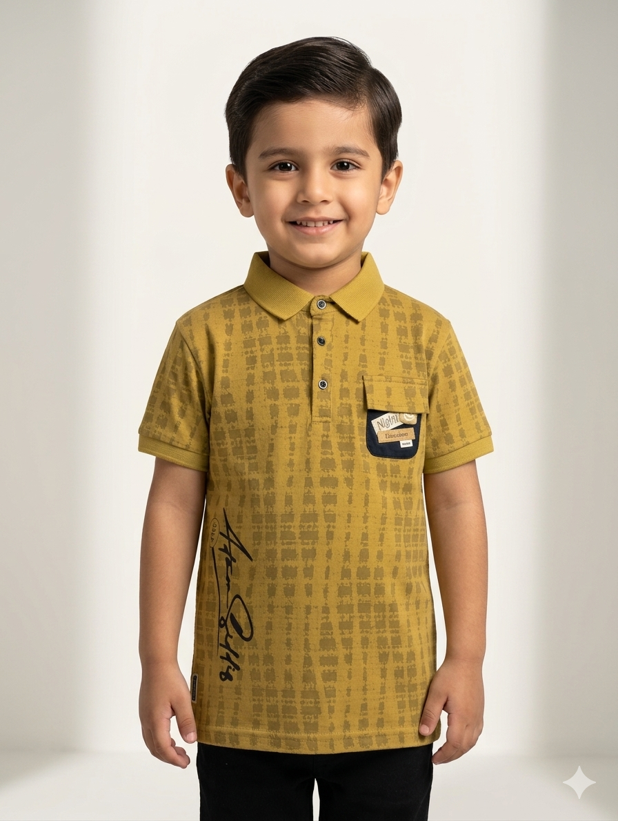 Boys' Casual Abstract Print Polo Shirt in Earthy Beige, Mustard Yellow, and Mint Green
