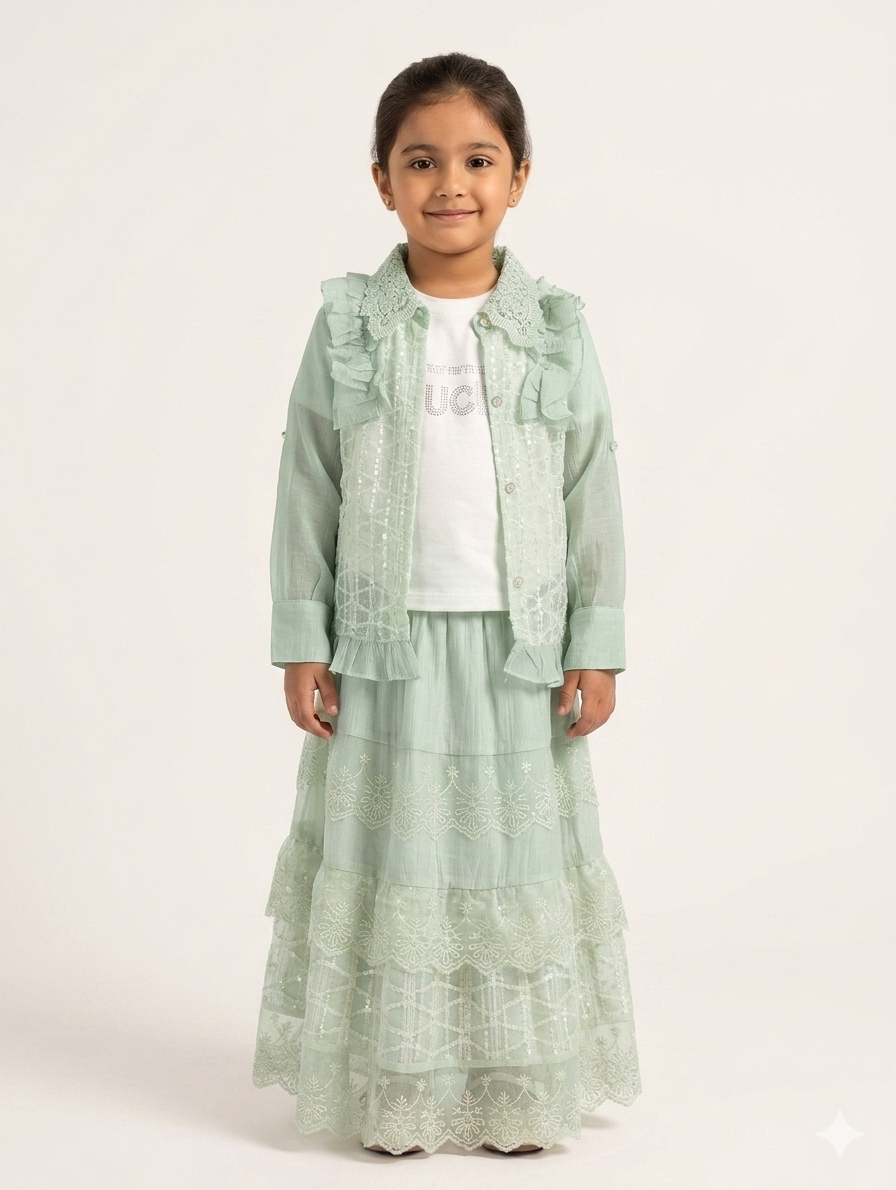 Elegant Girls' Three-Piece Embroidered Lace Tiered Maxi Skirt and Ruffle Jacket Set