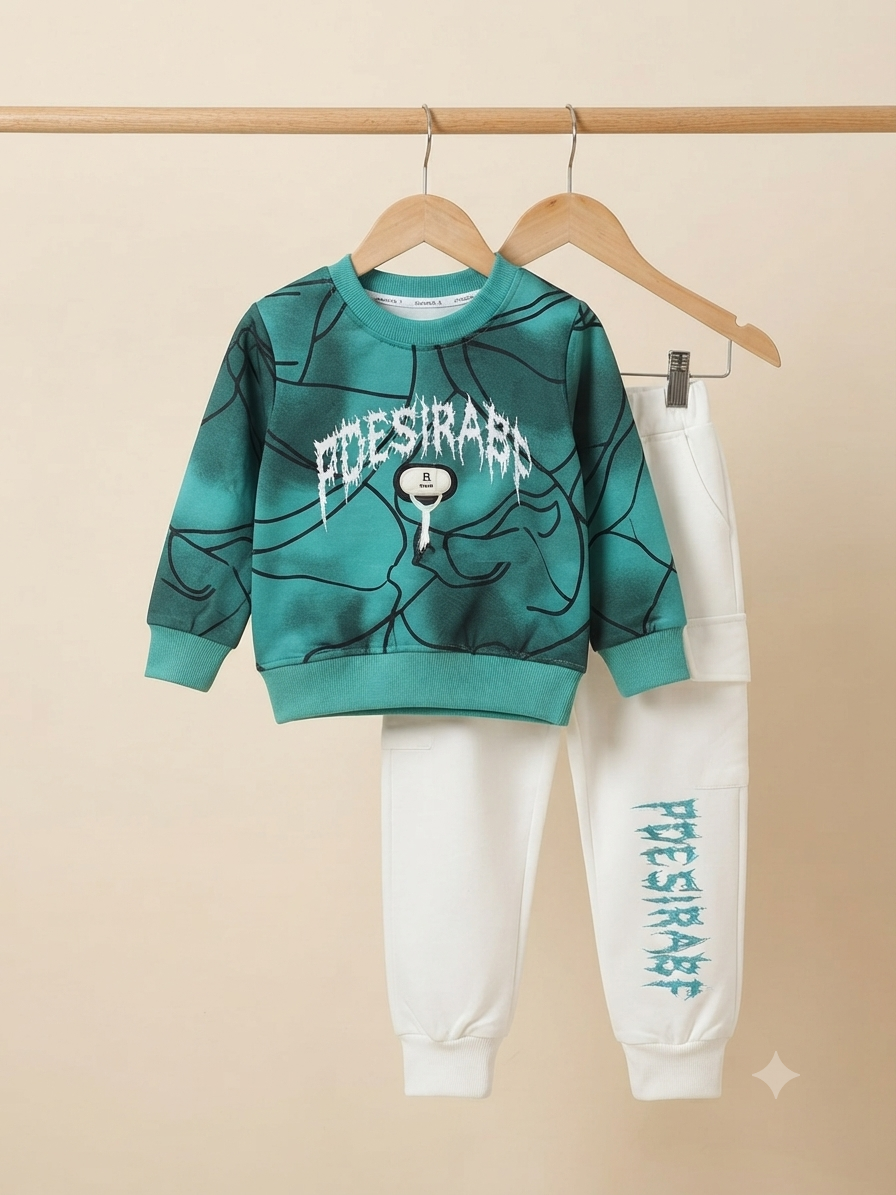Stylish Graphic Print Kids Fleece Sweatshirt And White Joggers Casual Winter Outfit Set