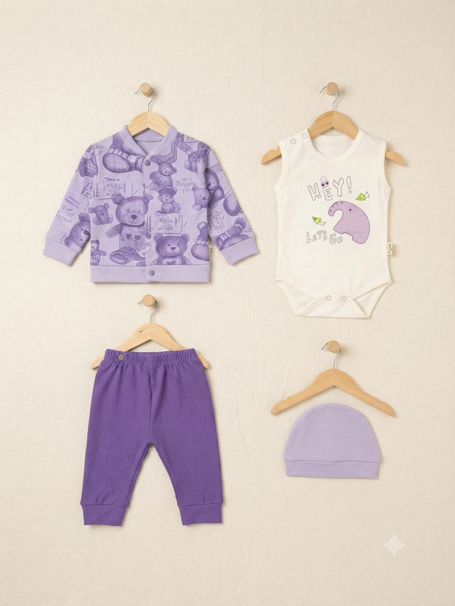 Adorable Premium Baby Clothing Set with Printed Jacket Bodysuit Pants and Matching Cap