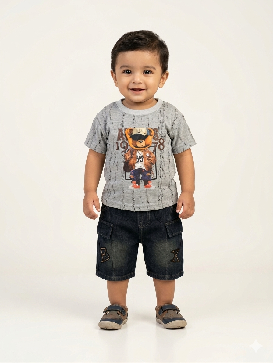 Boys Hip-Hop Bear Graphic T-Shirt and Denim Cargo Shorts Two-Piece Summer Casual Outfit Set
