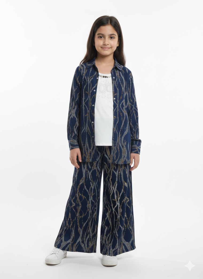 Girls' Abstract Tree-Branch Print Three-Piece Co-ord Set: Shirt, Top, and Wide-Leg Trousers