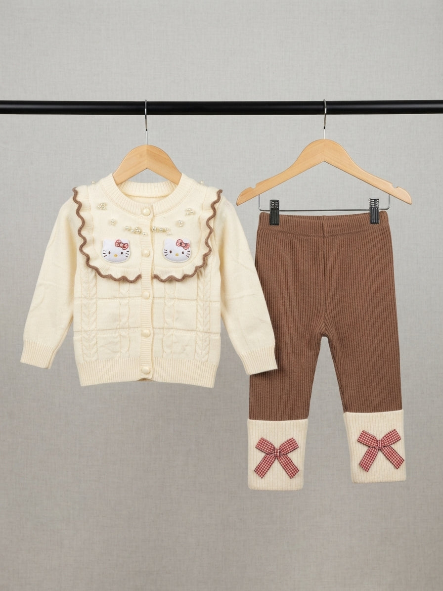 Girls Pearl Embroidered Cartoon Cat Cardigan And Bow Legging Outfit Set