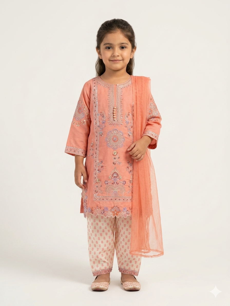 Premium Girls Intricate Mirror Work Embroidered Tunic Set With Printed Trousers and Chiffon Dupatta