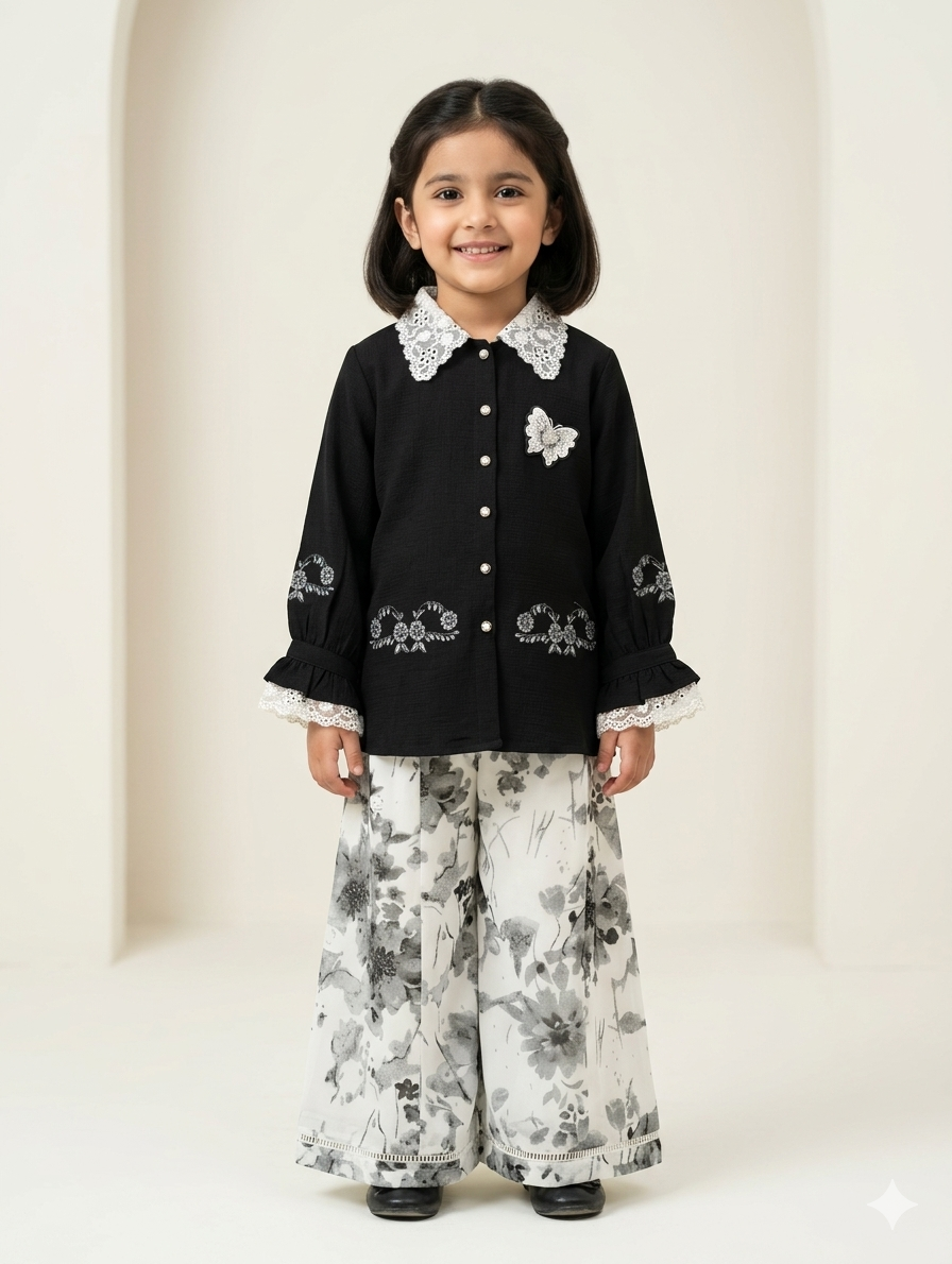 Sophisticated Girls Monochromatic Floral Embroidered Shirt and Wide Leg Printed Trouser Two Piece Set