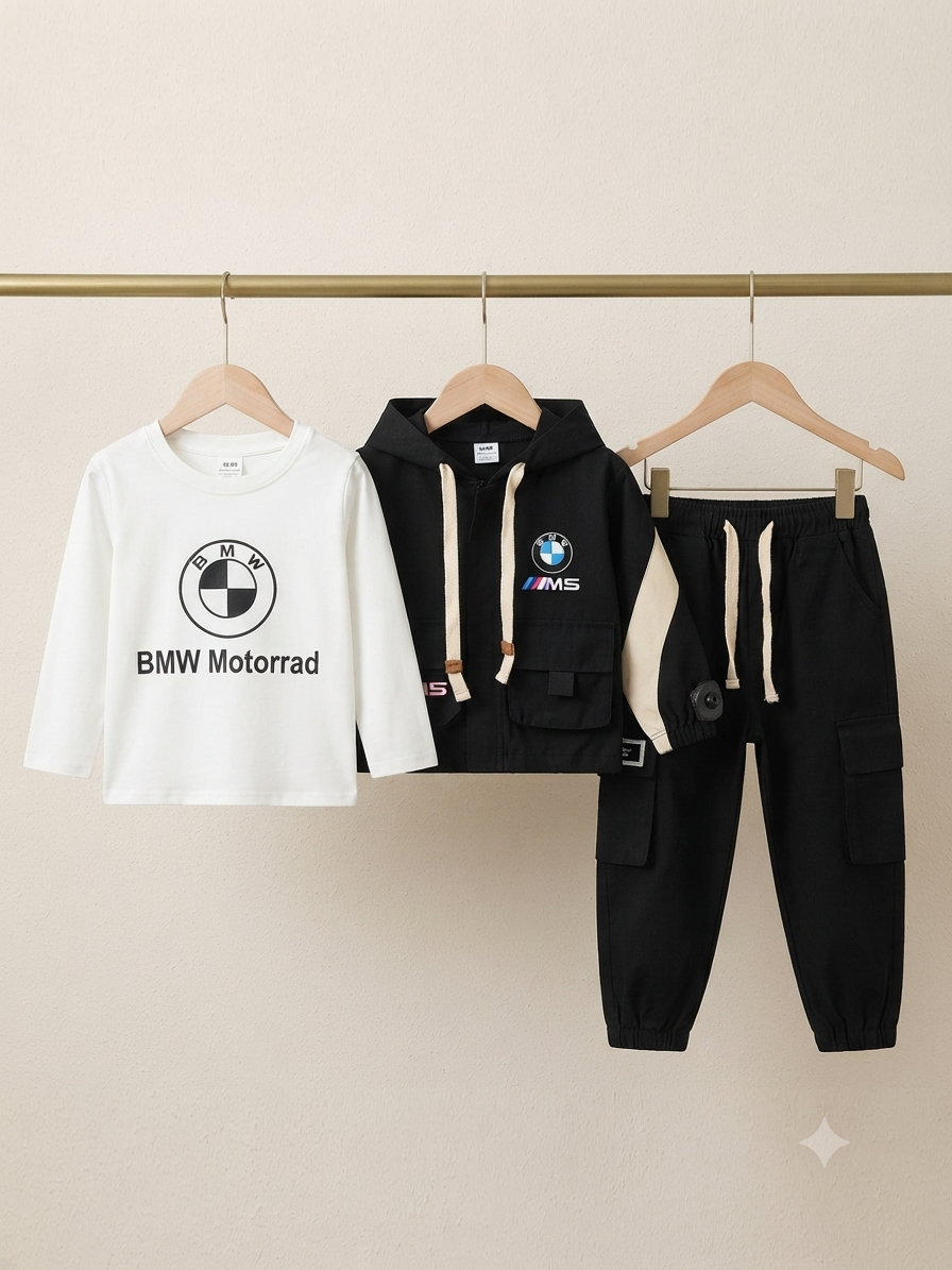 Title: 3-Piece Boys BMW Motorrad Outfit: Long-Sleeve Tee, Utility Jacket, and Cargo Pants
