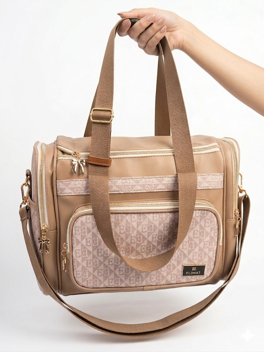 FLDHAT Signature Geometric Monogram Travel Bag – Elegant Bow Detail Multi-Pocket Weekender for Modern Women