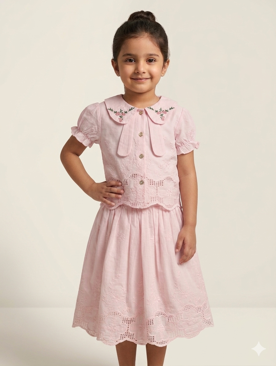 Elegant Girls' Floral Embroidered Peter Pan Collar Lace Trim Skirt and Blouse Set