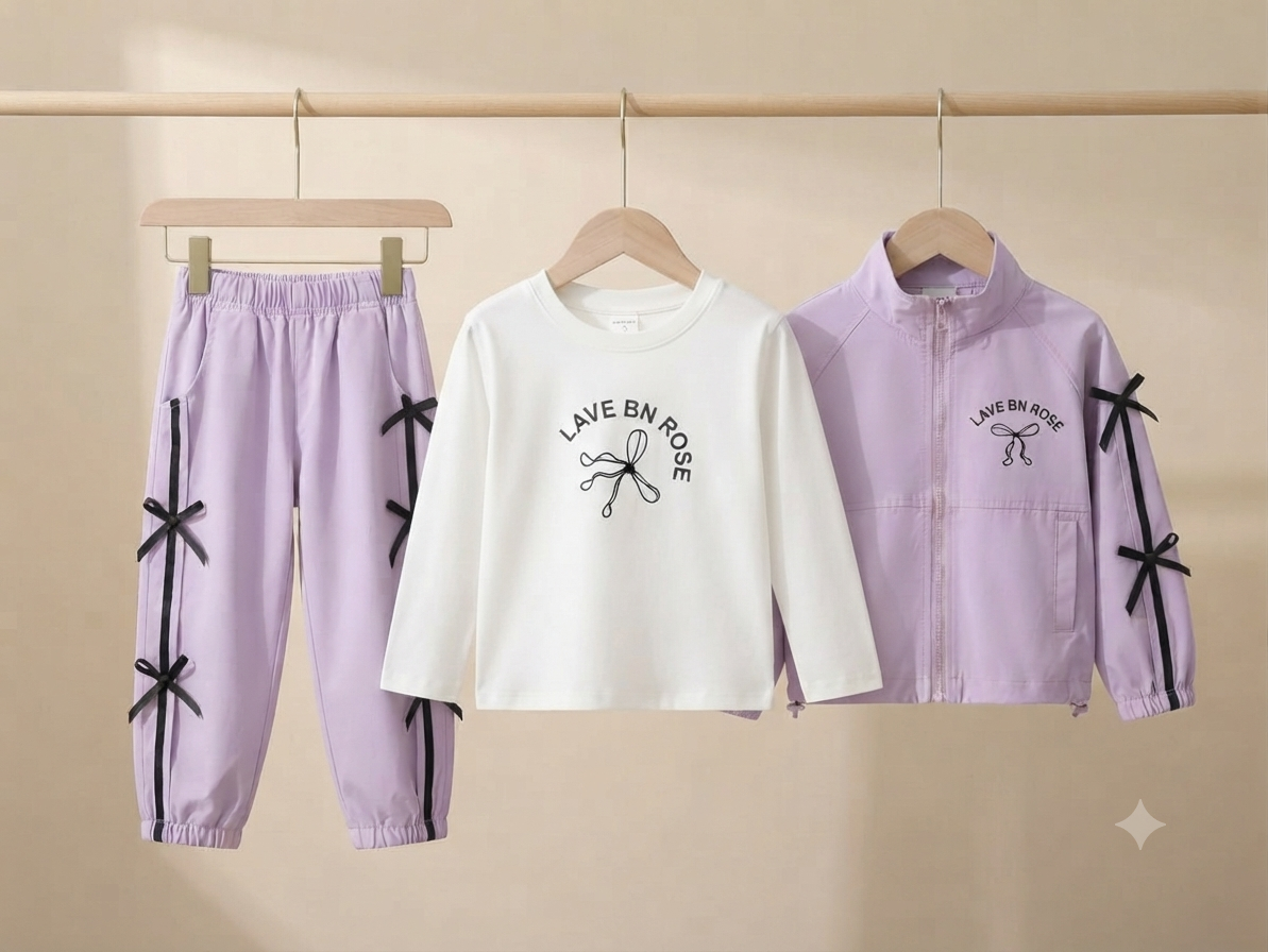 Stylish Girls Three Piece Set With Jacket T-Shirt And Trousers For Trendy Daily Wear