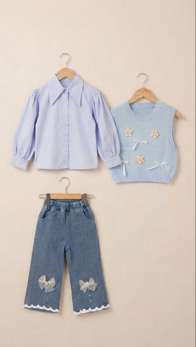 Chic 3-Piece Girls Floral Knit Vest Blouse And Bow Denim Pant Outfit Set