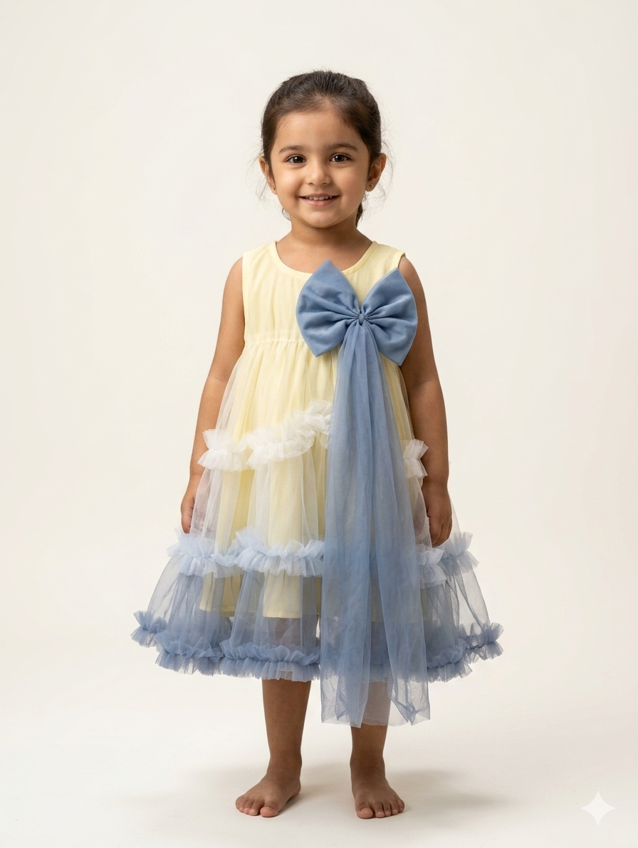 Elegant Yellow and Blue Tiered Tulle Party Dress for Toddlers and Little Girls