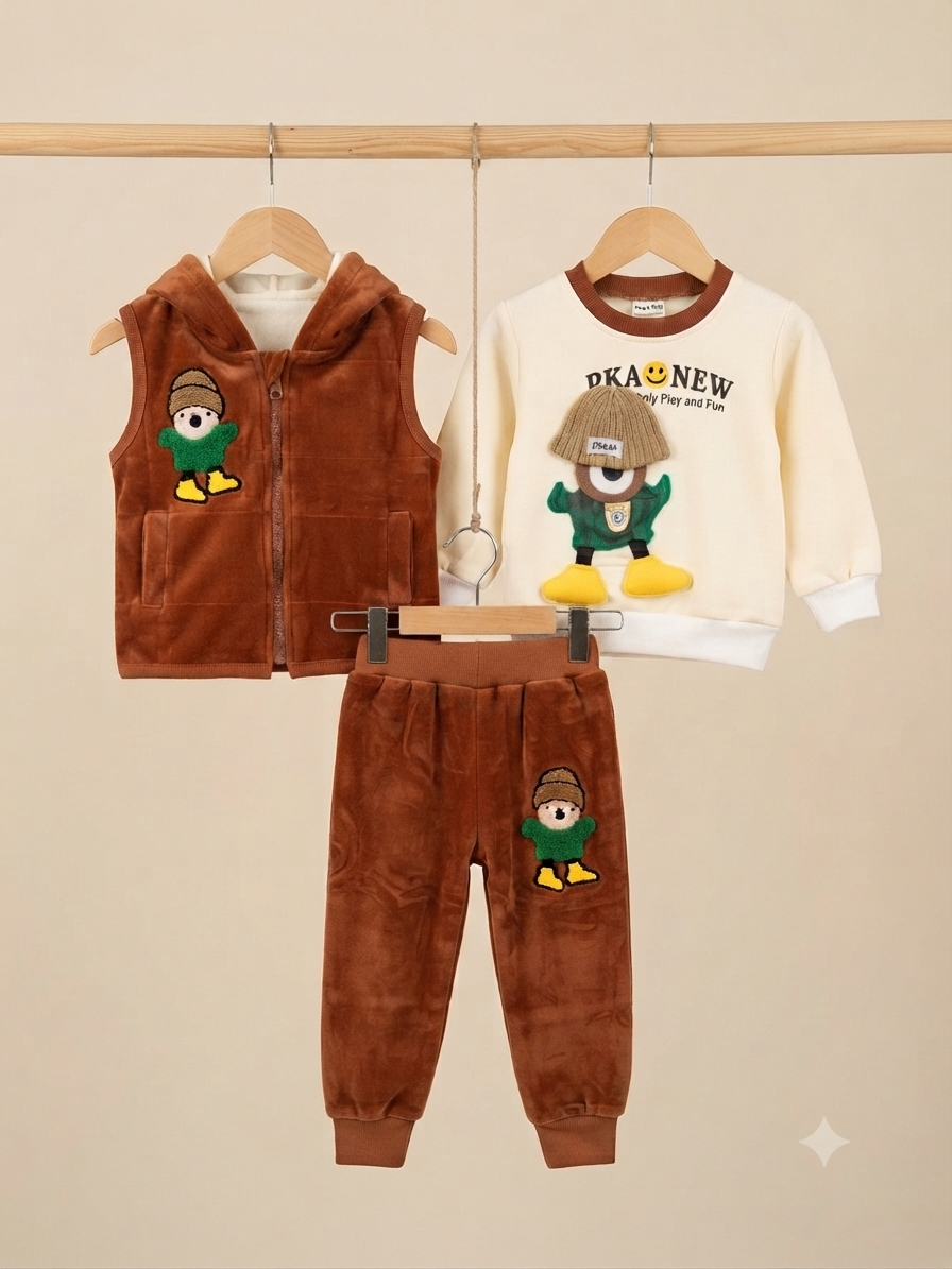 Cute Brown Fleece Hooded Vest And Sweatshirt Outfit Set With Bear Design