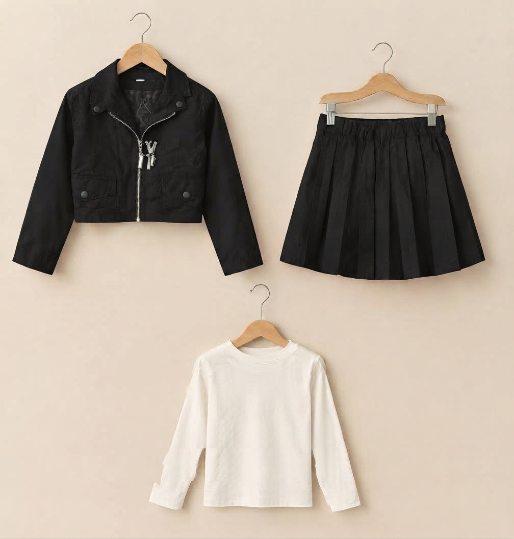 Stylish Girls Biker Jacket Matching Pleated Skirt And Long Sleeve Tee Outfit Set