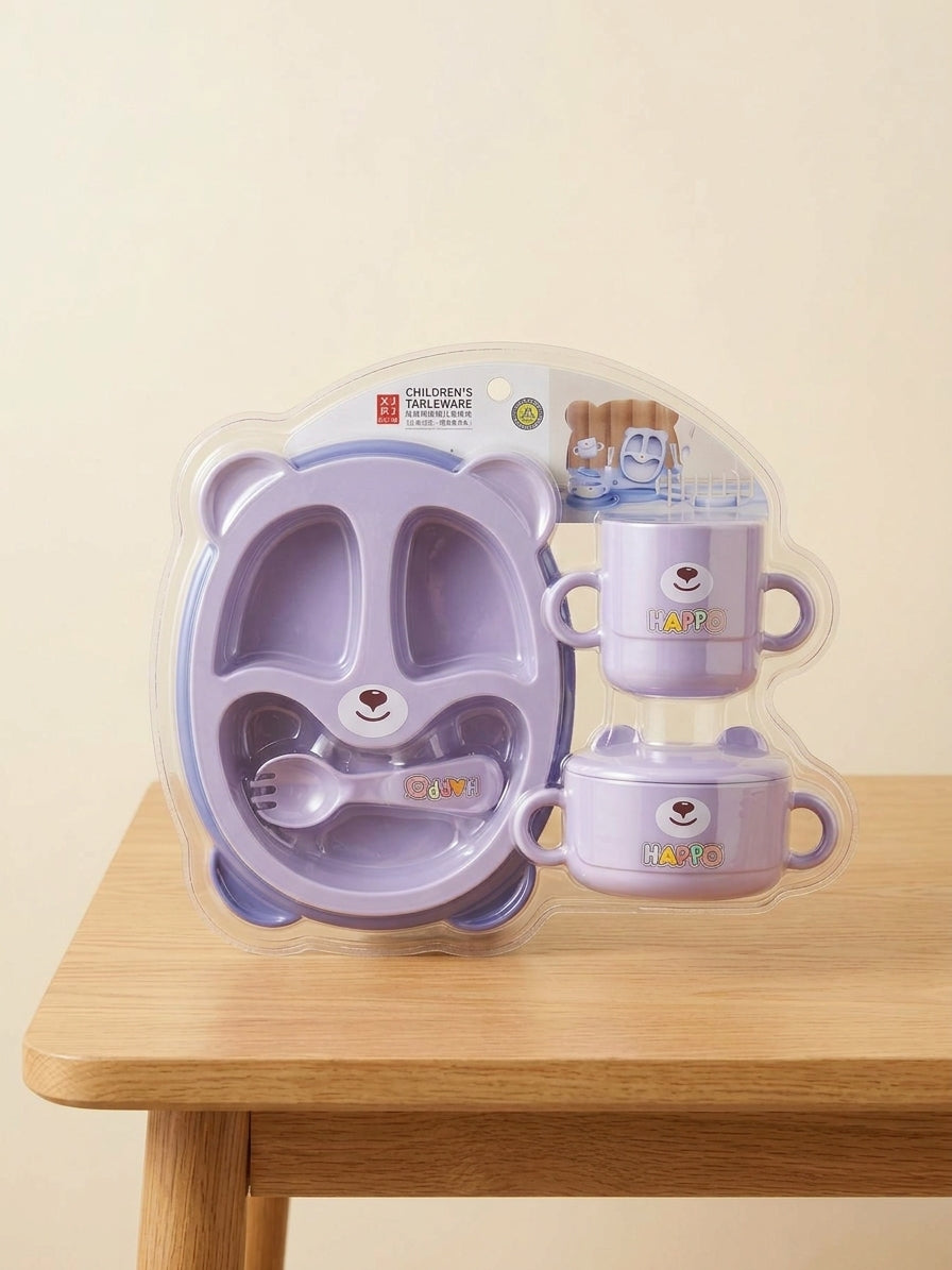Kids Cute Teddy Bear Compartment Feeding Set Plate Bowl Cup Spoon Fork Set
