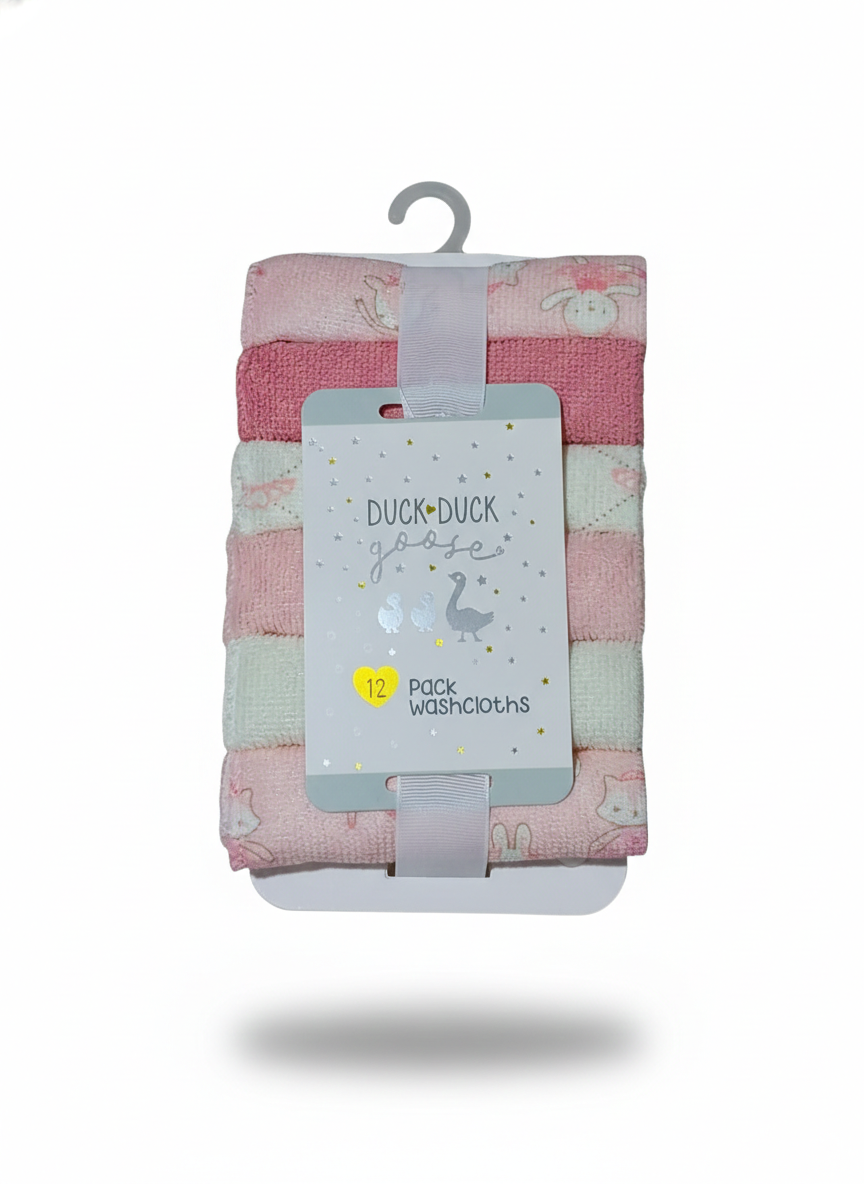 Duck Duck Goose Baby 12-Pack Washcloth Set | Soft Absorbent Terry Cloth | Pink Rabbit