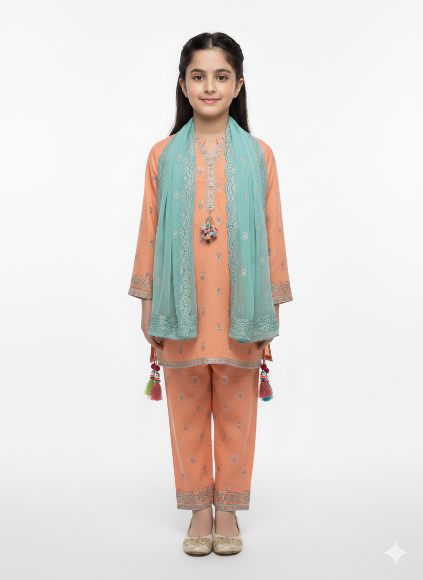 Girls' Festive Floral 3-Piece Collection: Peplum Ghararas and Embroidered Pastel Straight Suits