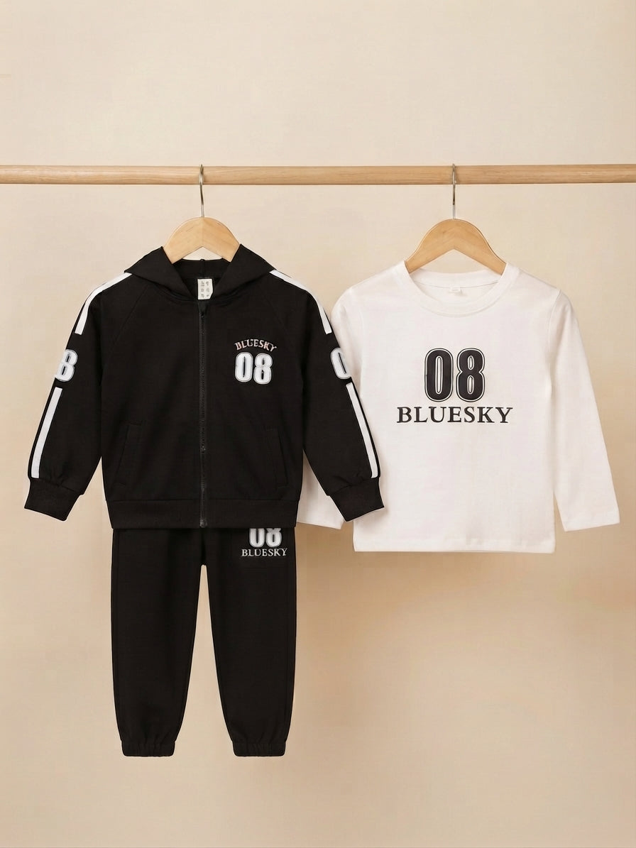 Kids stylish 3 piece tracksuit set with hoodie, matching inner t shirt, and joggers.