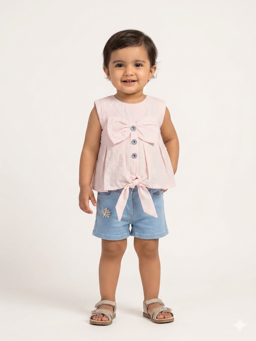 Toddler Girls Summer Bow Knot Top and Denim Shorts Set in Cream Pink and Yellow