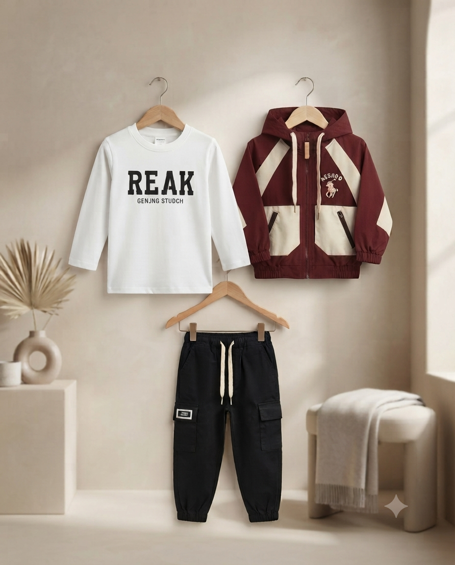 Stylish Boys Three Piece Clothing Set Featuring Long Sleeve Tee Jacket And Cargo Pants
