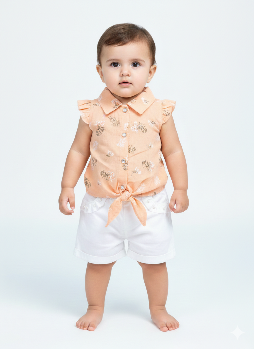 Adorable Baby Girls' Yellow Floral Tie-Front Flutter Sleeve Shirt and White Denim Shorts Set