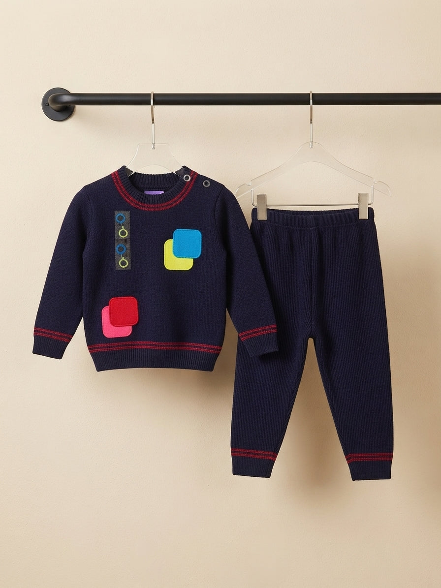 Chic Grey Knit Patchwork Sweater And Trouser Set For Winter Kids Fashion