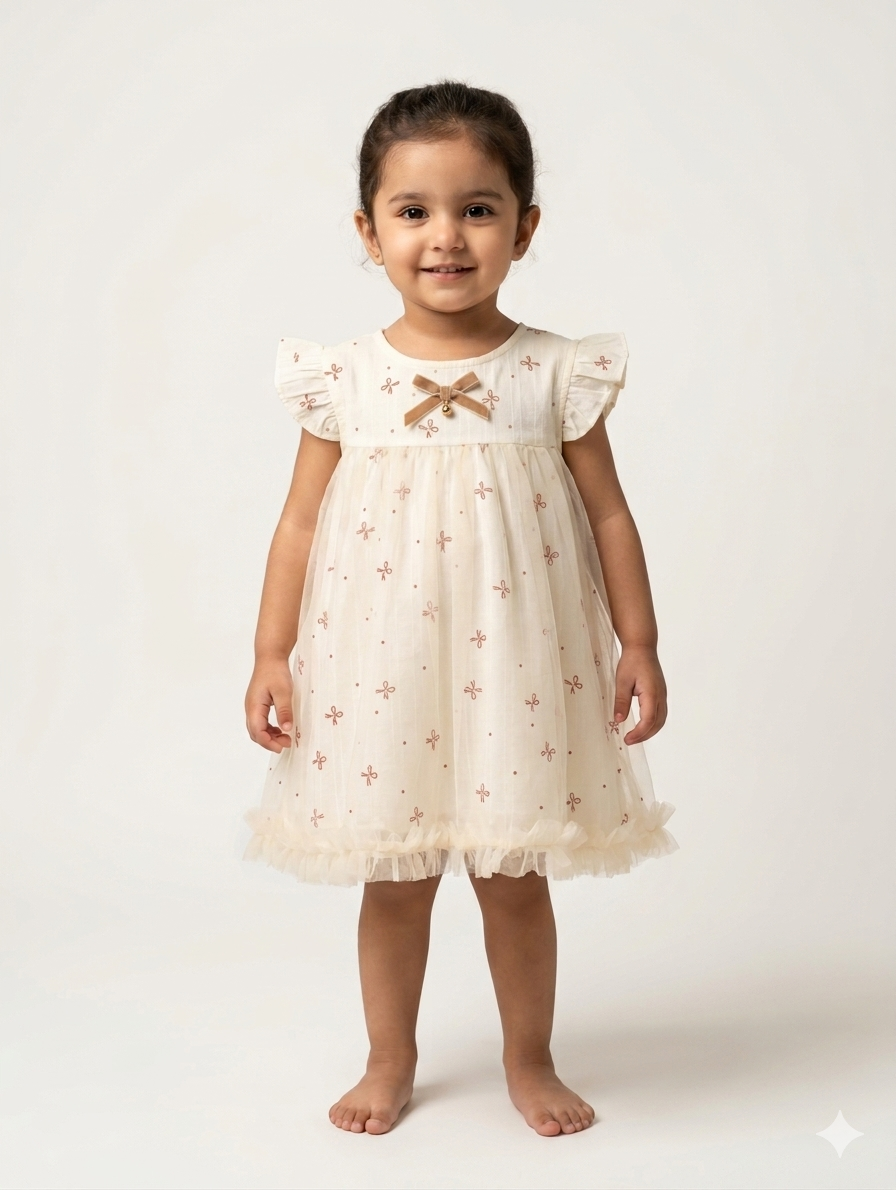 Elegant Toddler Girl Tulle Flutter Sleeve Dress with Ribbon Bow Detail and Floral Embroidery