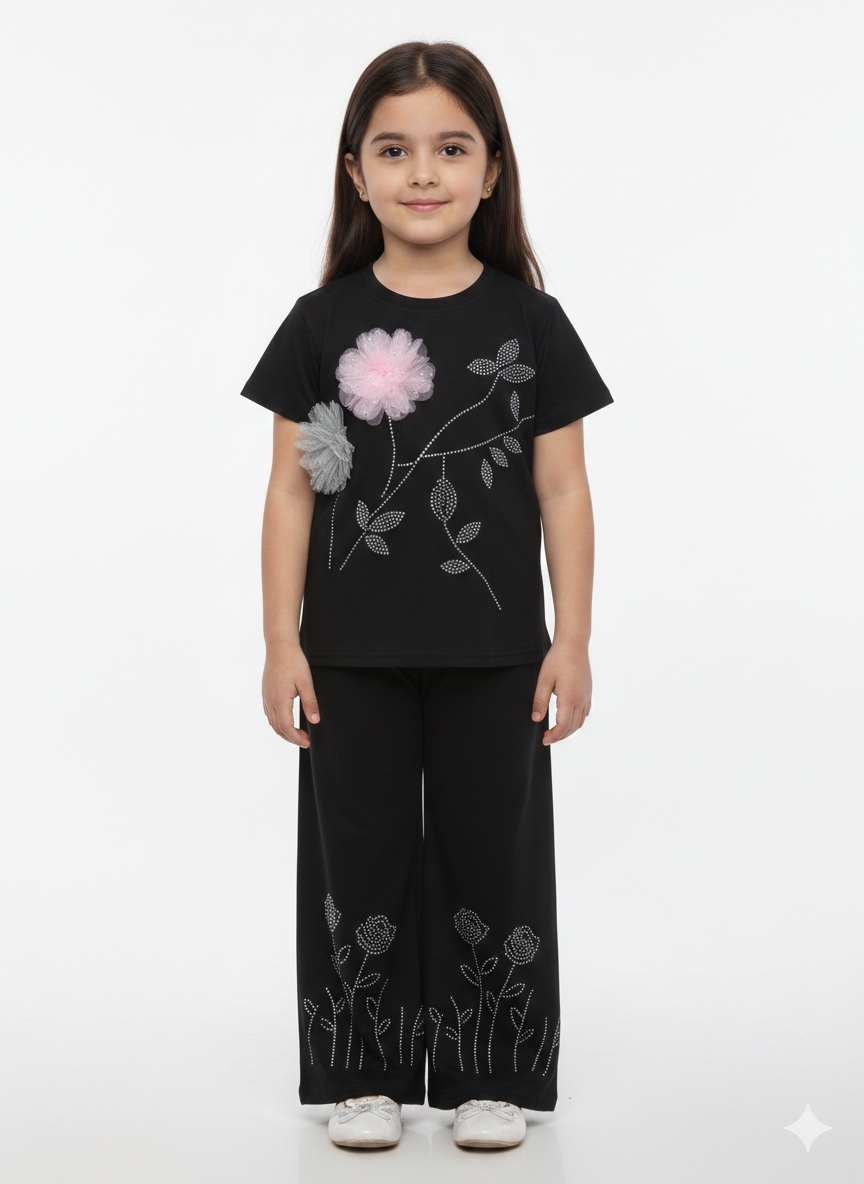 Girls Elegant Floral Applique T-Shirt and Wide Leg Pant Set - Stylish Two-Piece Summer Outfit
