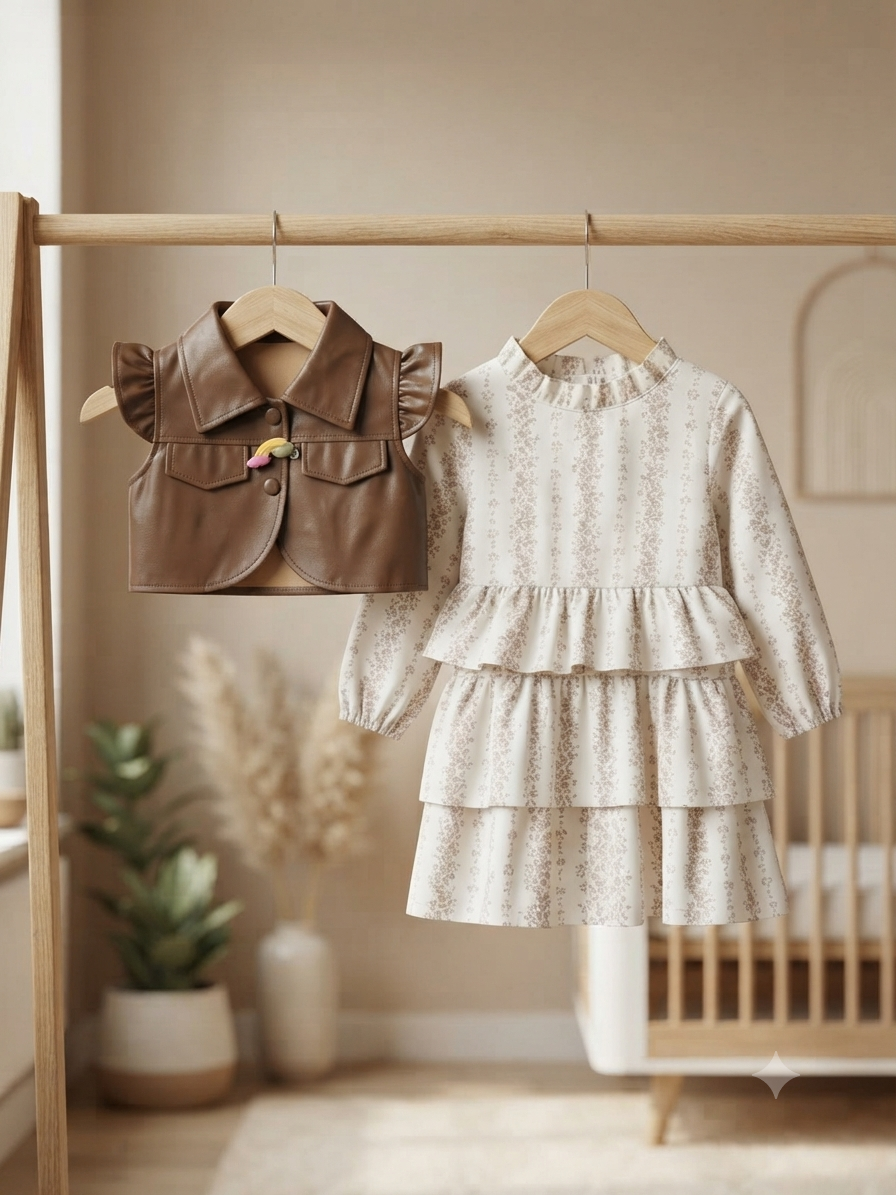 Chic Toddler Girl Floral Print Tiered Dress With Stylish Matching Faux Leather Vest Outfit