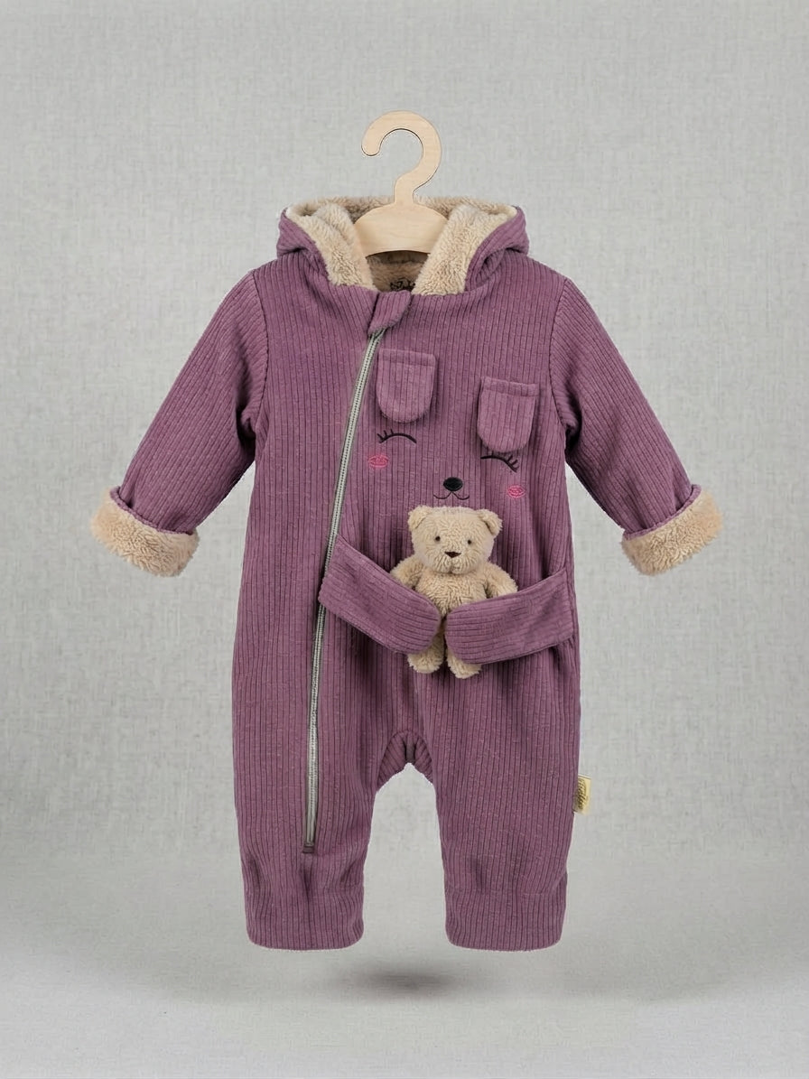 Stylish Baby Winter Hooded Romper With Cute Hugging Teddy Bear Outfit