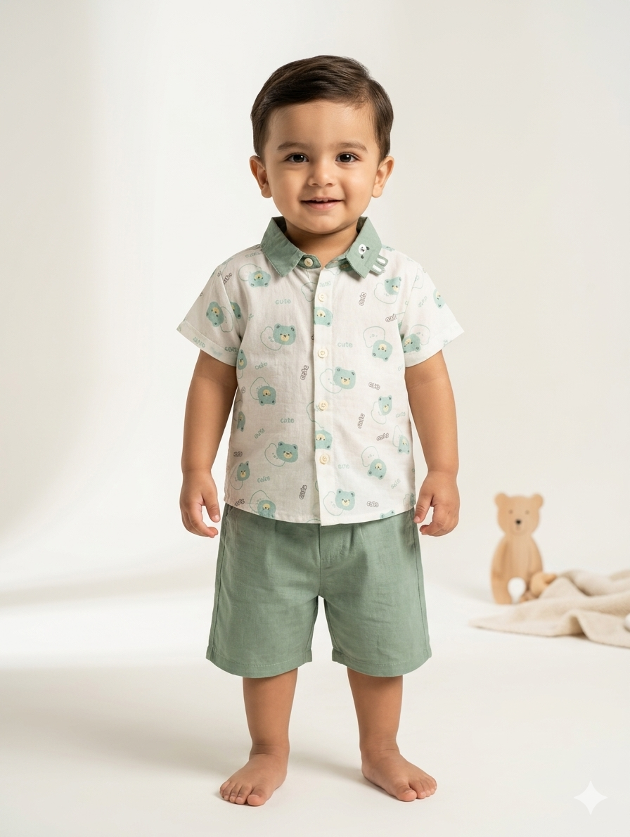 Adorable Toddler Boy Bear Print Short Sleeve Button-Down Shirt and Matching Shorts Summer Set