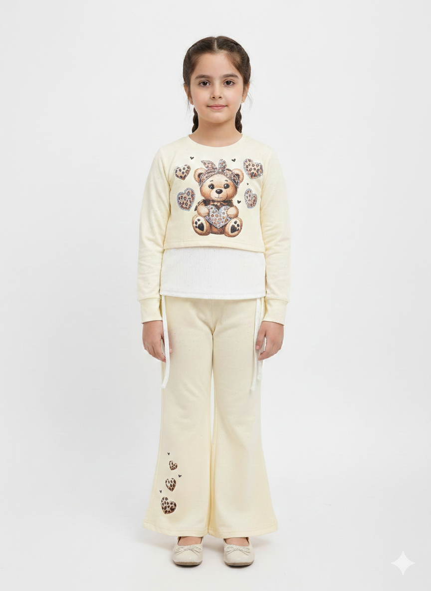 Girls' 3-Piece Leopard Heart Teddy Bear Crop Sweatshirt and Wide-Leg Flare Pant Set