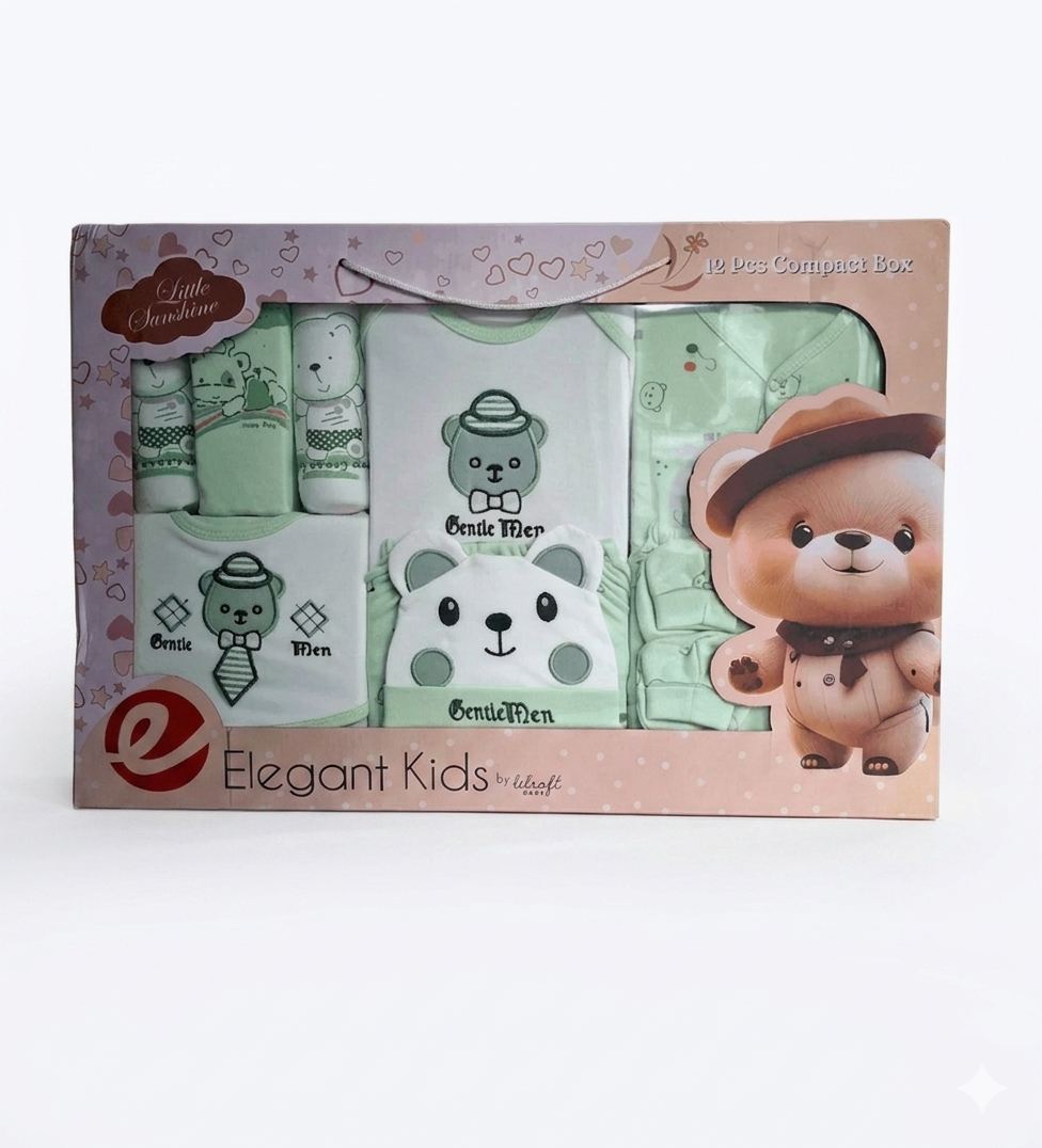 Elegant Kids 12-Piece Bear Theme Baby Gift Set in Gray, Pink, and Mint Green