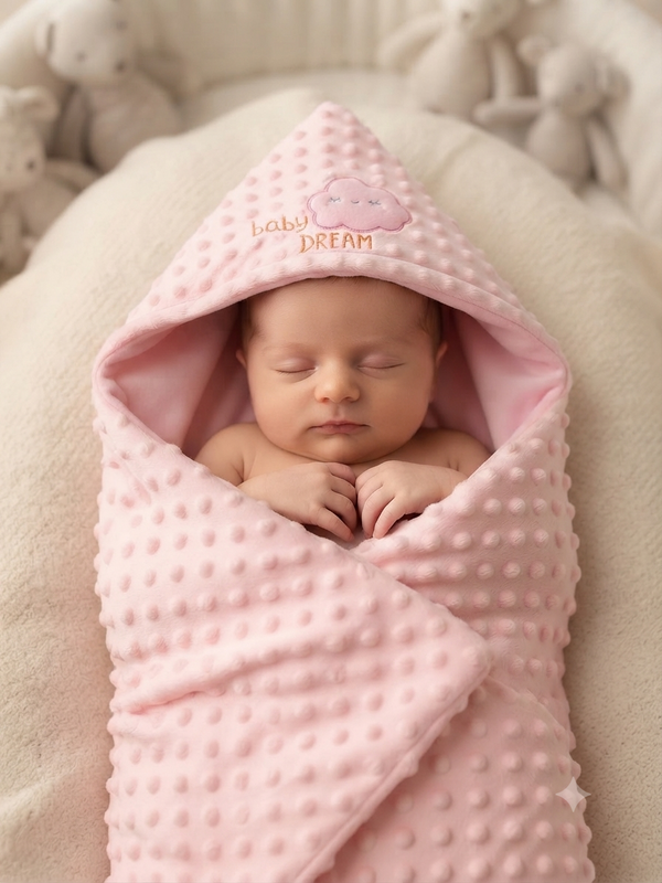 Soft Pink Minky Baby Hooded Swaddle Blanket With Cute Baby Dream Embroidery Design