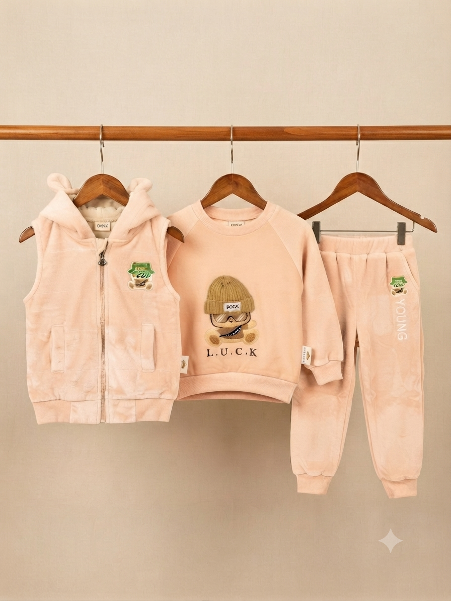 In 3-Piece Kids Winter Fleece Outfit Set With Hoodie Vest And Sweatpants
