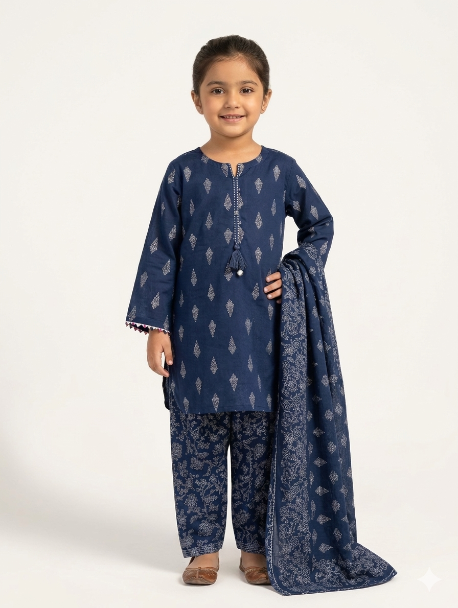 Girls Ethnic Block Print Three Piece Suit With Matching Trouser And Dupatta Set Maroon Blue