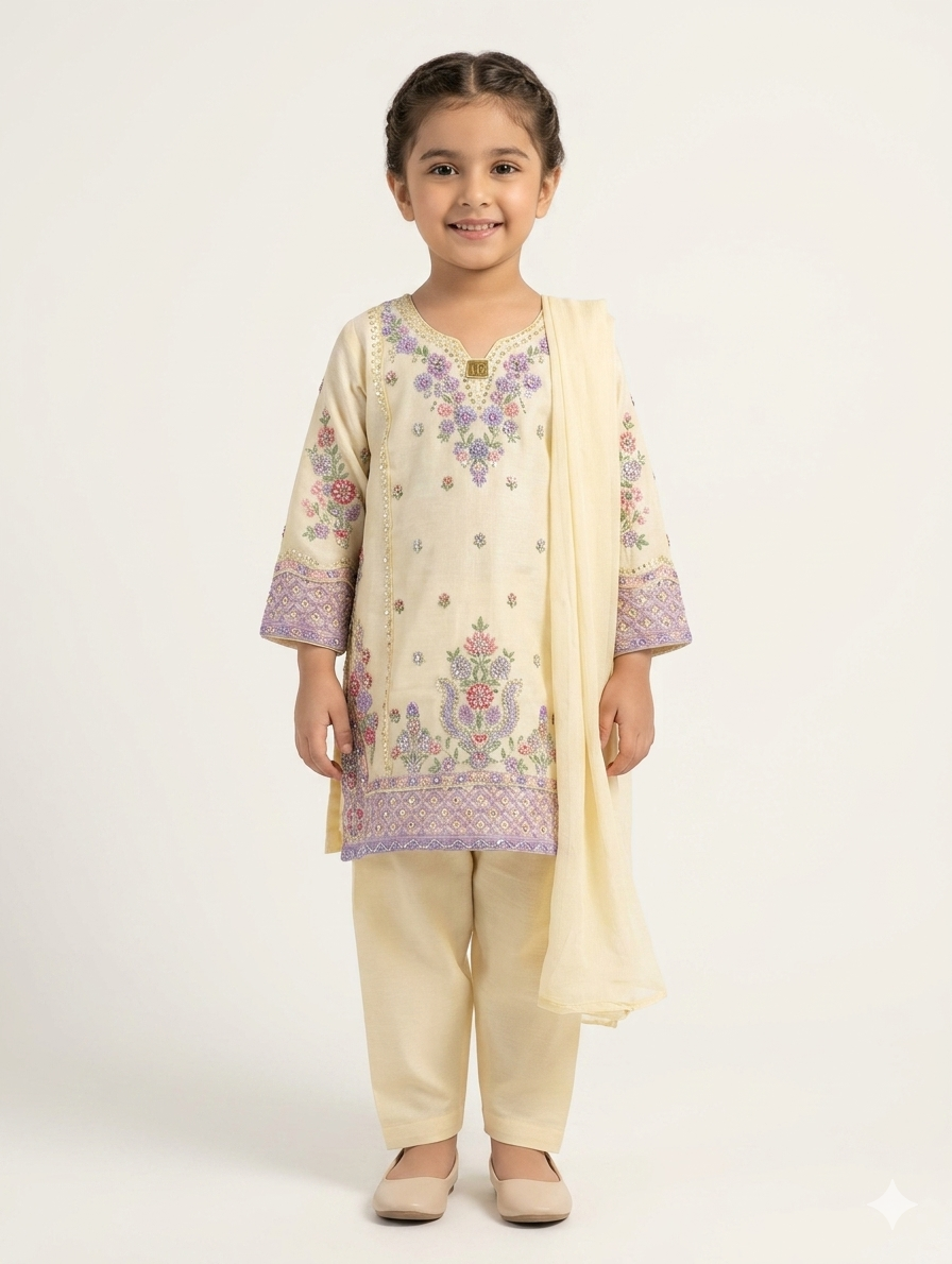 Hand-Embroidered Peach and Cream Girls' Shalwar Kameez Set with Intricate Floral Patterns and Dupatta