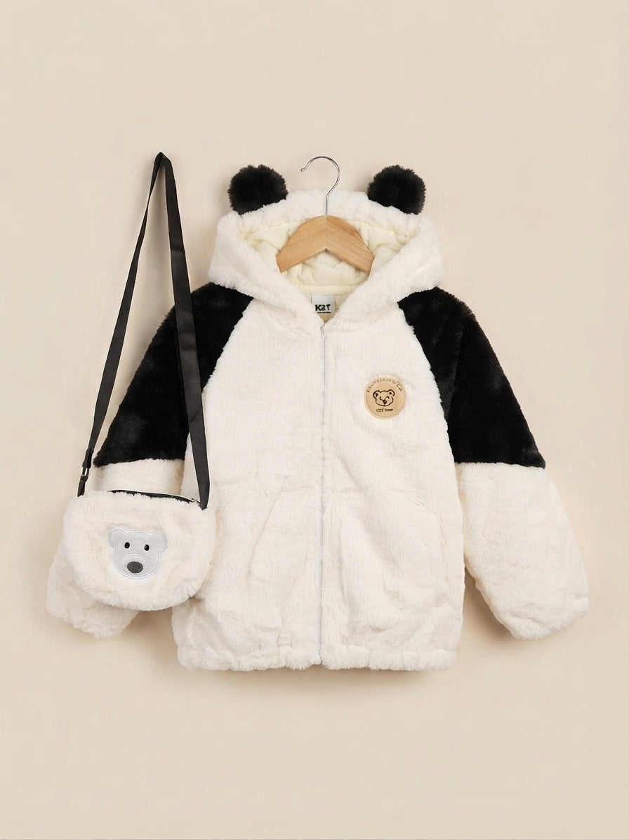 Kids Cute Bear Ear Hooded Faux Fur Jacket With Matching Crossbody Bag Set