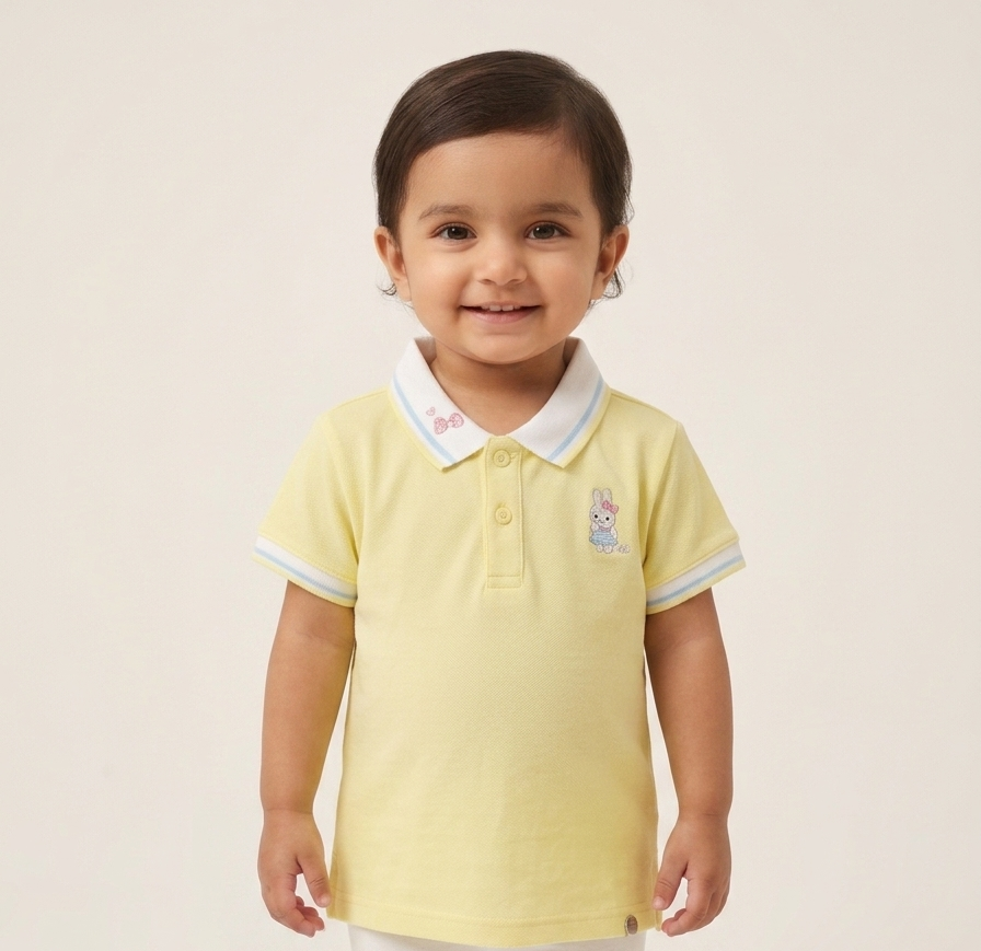 Girls' Sweet Bunny Embroidered Cotton Polo Shirt with Contrast Collar and Ribbed Cuffs Set