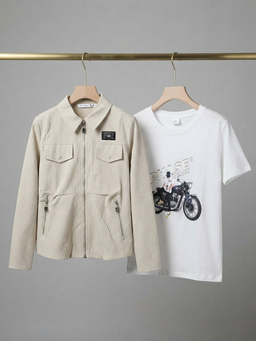 Boys Stylish Textured Grey Zip Jacket And Matching White Graphic T-Shirt Outfit Set