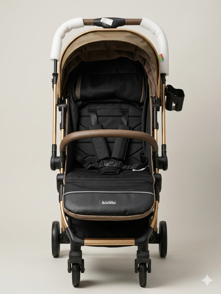 Kidilo Luxury Compact Baby Stroller With Gold Frame Brown Canopy And Adjustable Safety Harness