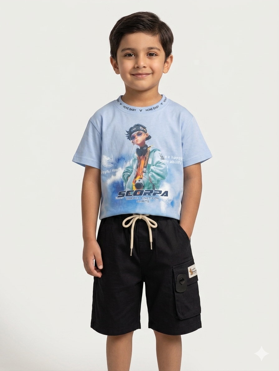 Boys Graphic Print T-Shirt and Cargo Shorts Set Available in Two Colors