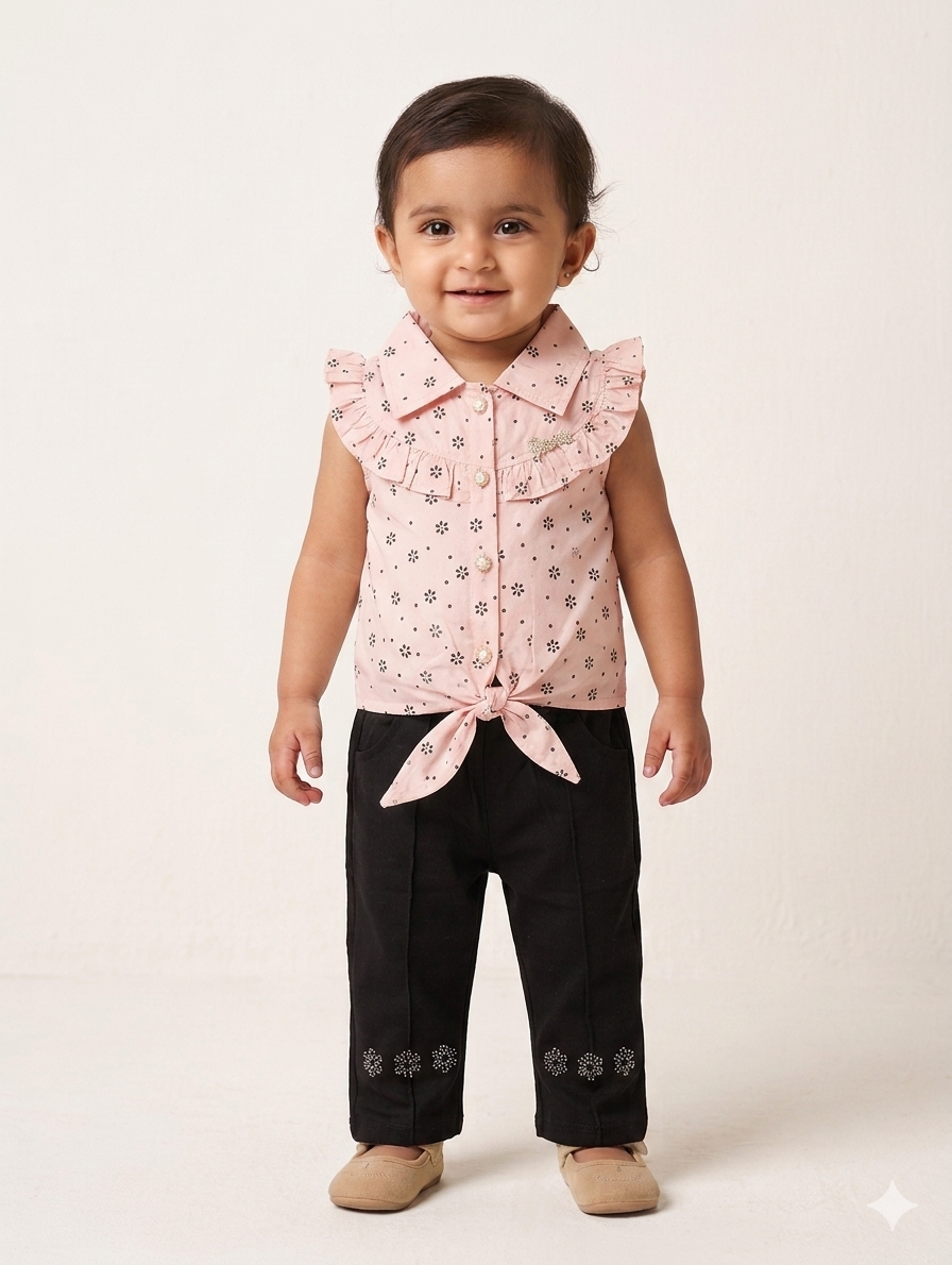 Toddler Girls Floral Tie-Front Sleeveless Shirt and Embroidered Black Pants Two-Piece Outfit Set