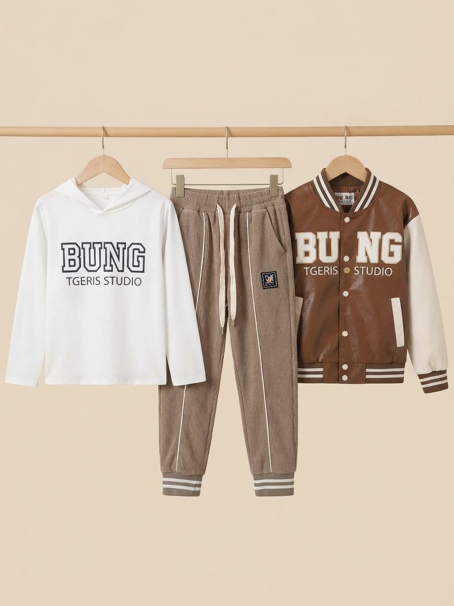 Stylish Kids 3-Piece Tgeris Studio Outfit Set With Letter Jacket Hoodie And Pants