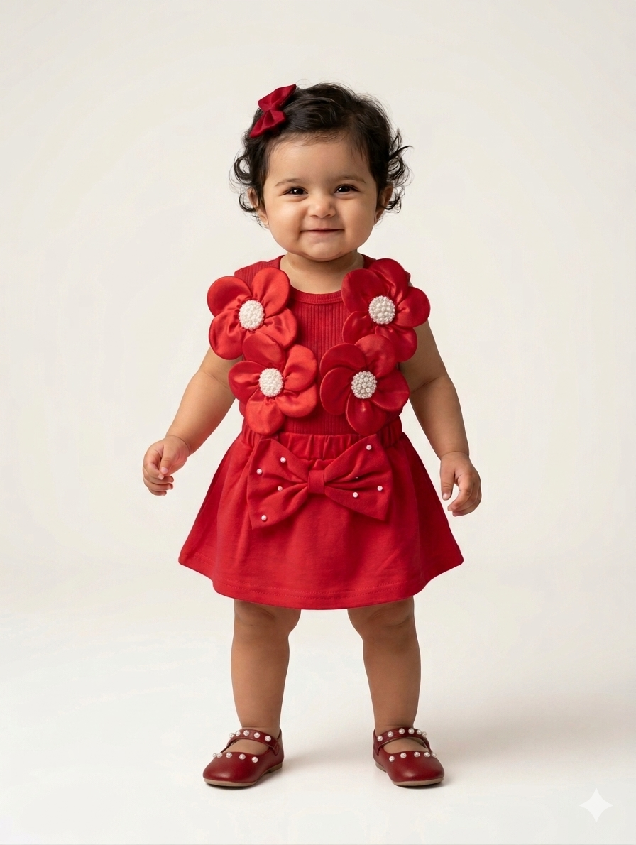 Toddler Girl 3D Floral Applique Skirt Set with Matching Headband and Bow Detail Shoes