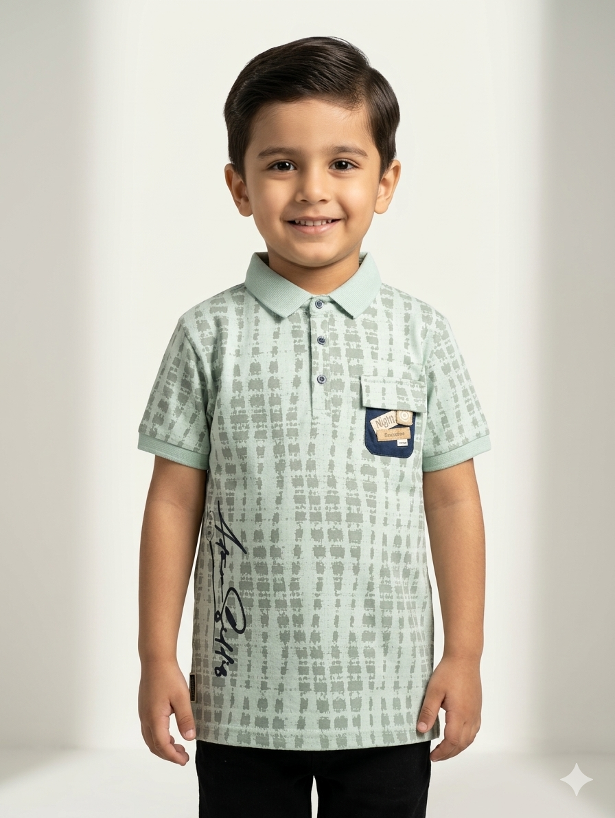 Boys' Casual Abstract Print Polo Shirt in Earthy Beige, Mustard Yellow, and Mint Green