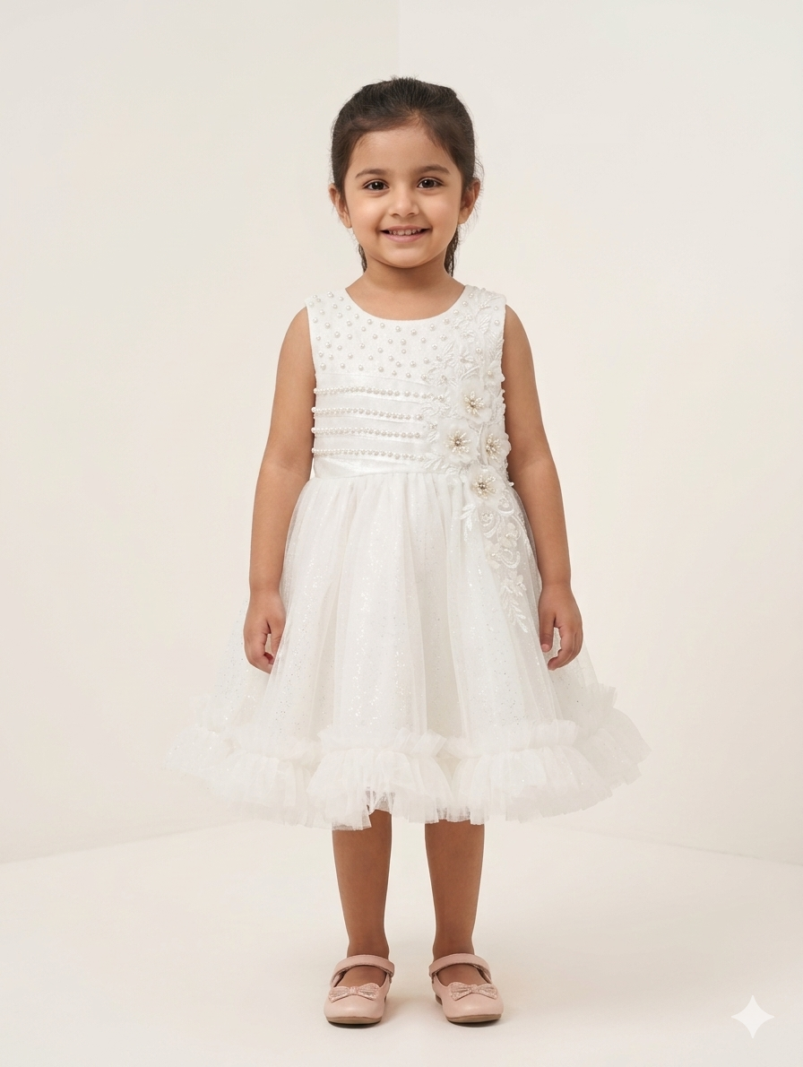 Girls Sparkly Tulle Party Dress With Pearl Accents – Ideal For Birthdays And Formal Events